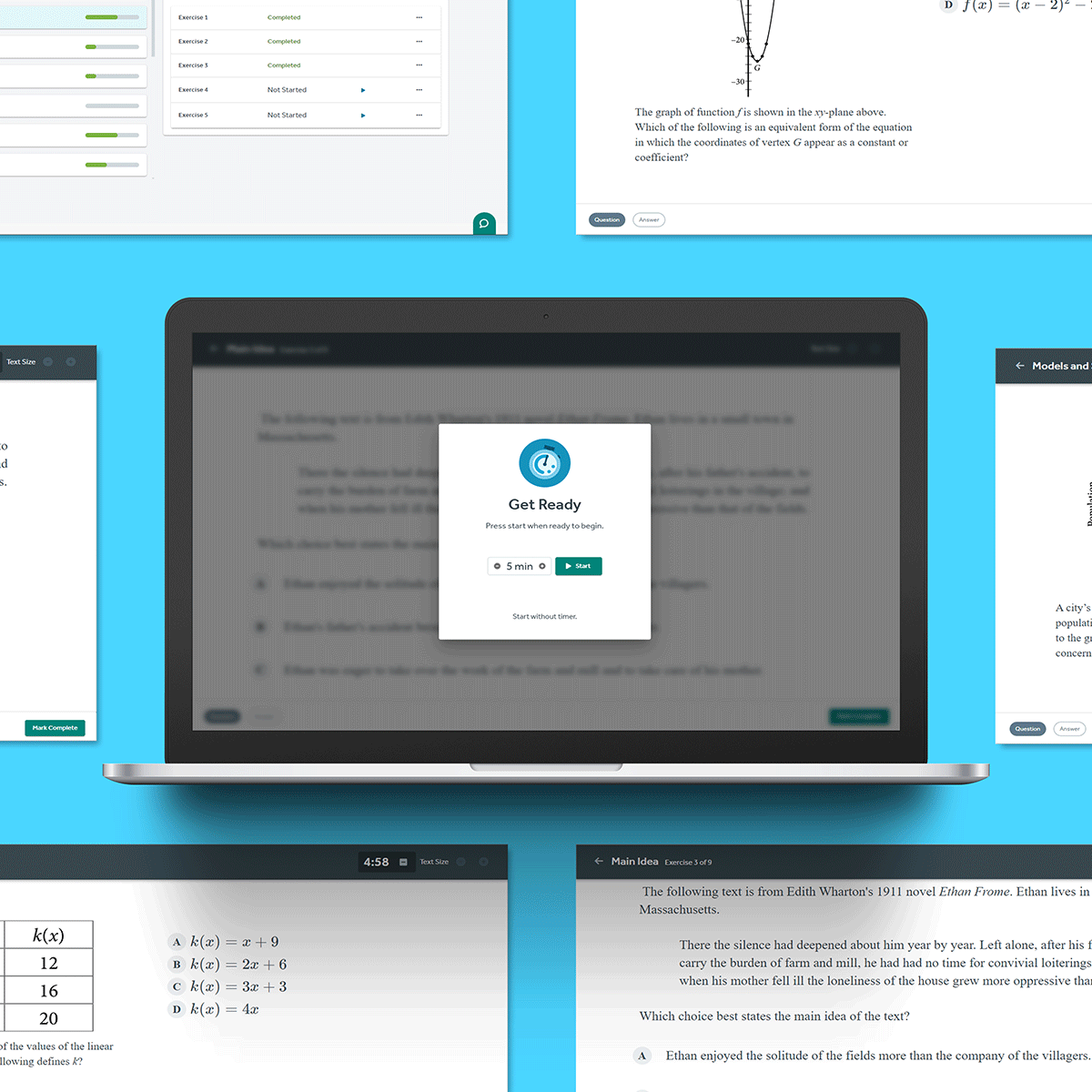 Bell Ringers for the Digital SAT daily practice ui for Math, Reading, and Writing