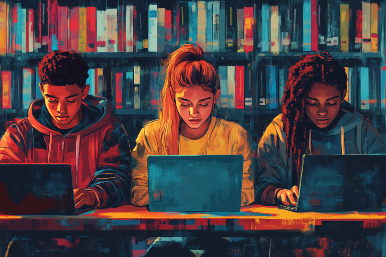 block print of diverse students studying with laptops in library