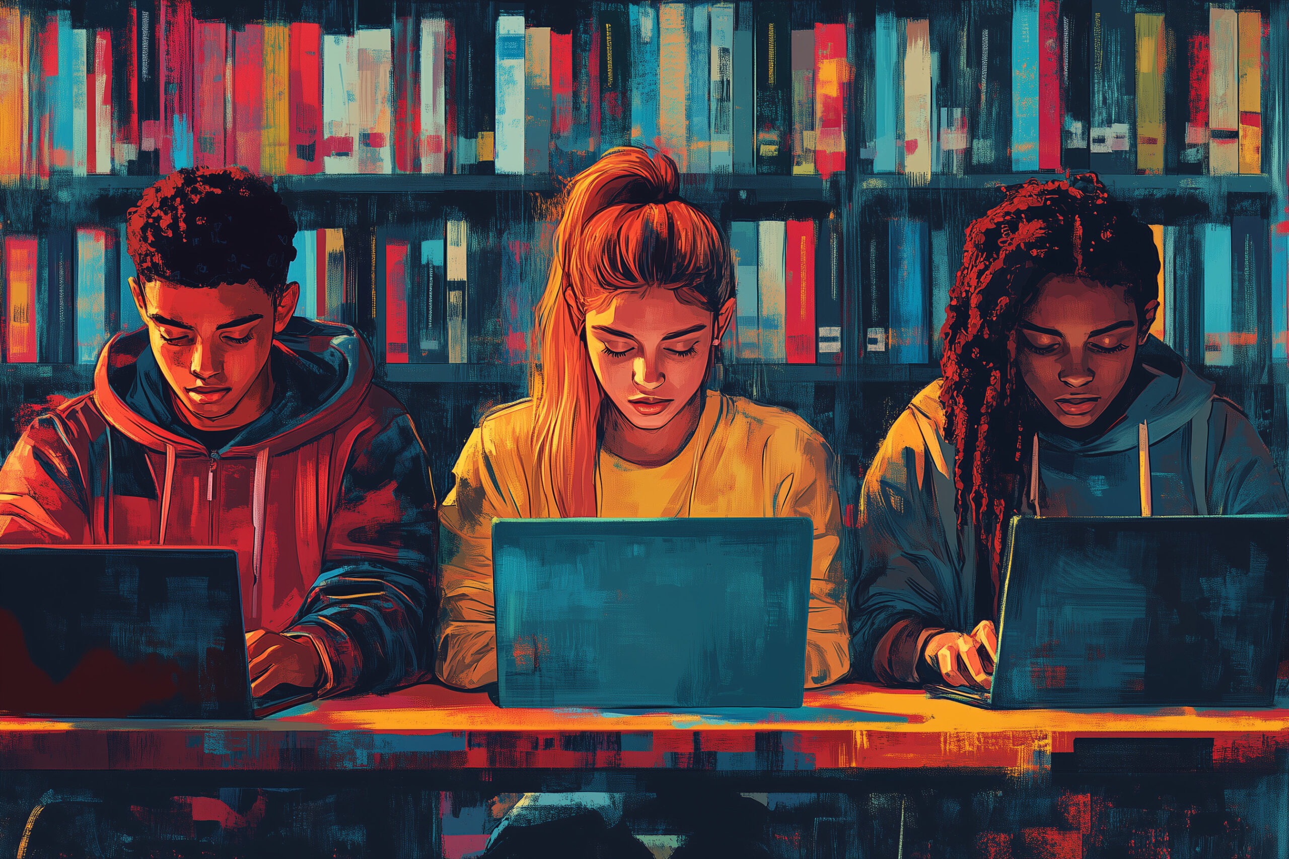 block print of diverse students studying with laptops in library